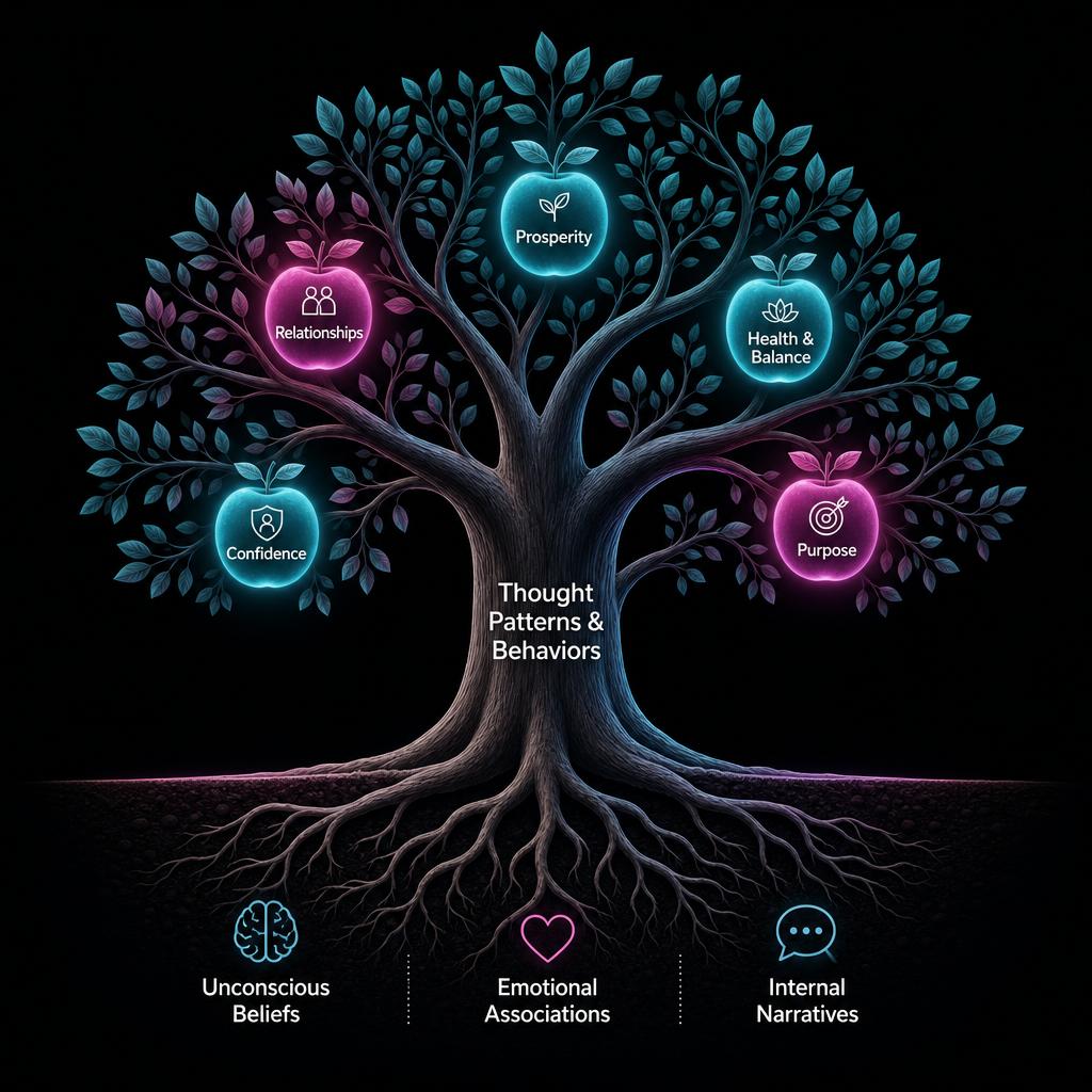 Tree diagram illustrating how unconscious beliefs, emotional associations, and internal narratives form the roots that shape thought patterns and behaviors, leading to outcomes like prosperity, relationships, health and balance, confidence, and purpose